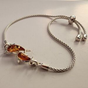 S925 Silver & Natural Amber Dolphins Adjustable Bolo Clasp Bracelet NEW!